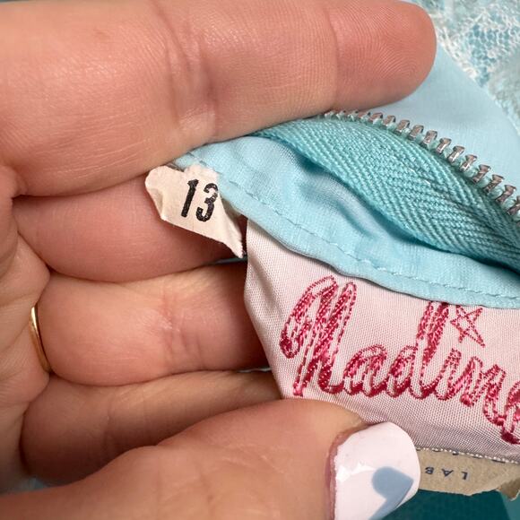 Nadine VINTAGE pastel blue White Lace Accent Formal long sleeve dress Size SMALL - Picture 13 of 16